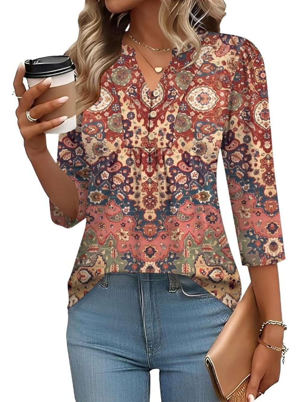 Women's 3/4 Length Sleeve Tops Dressy Casual Henley V-Neck Tops Rainbow Stripe - Picture 1 of 5
